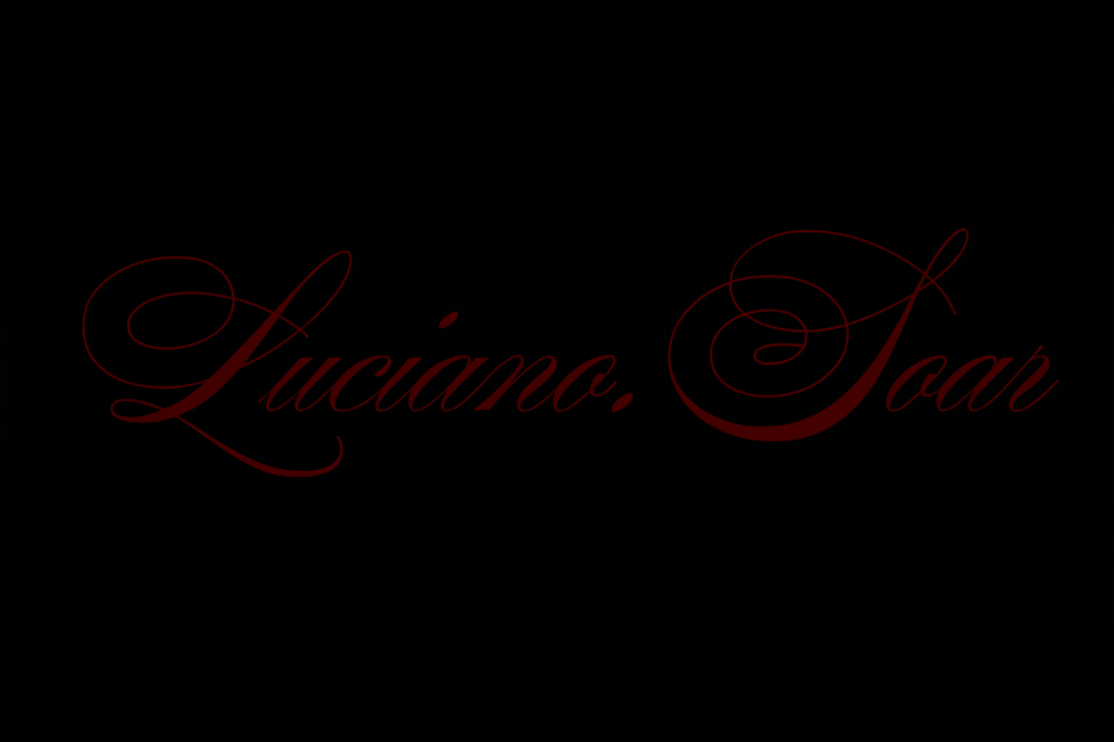 The text 'Luciano Soar' is written in elegant red cursive script against a solid black background.